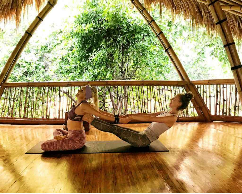 People practicing yoga at Power of Now Oasis, guided by an instructor in a serene bamboo setting, embracing mindfulness, community, and self-awareness in their journey toward improved mental and physical health.